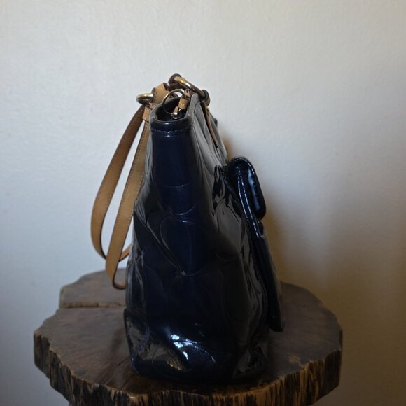 Coach Leah Embossed Patent Leather Tote Bag Navy Blue Tan Trim Turnlock Shoulder - Picture 13 of 16